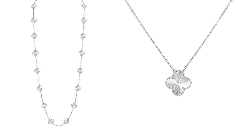 Vintage Alhambra長鍊,20枚幸運草圖騰,白K金,璣鏤雕花。Vintage Alhambra吊墜, 白K金,璣鏤雕花。 Vintage Alhambra長鍊,20枚幸運草圖騰,白K金,璣鏤雕花。Vintage Alhambra吊墜, 白K金,璣鏤雕花。