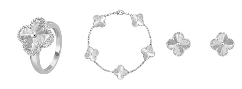 Vintage Alhambra戒指,白K金,璣鏤雕花。Vintage Alhambra手鍊,5枚幸運草圖騰,18K白K金,璣鏤雕花。Vintage Alhambra耳環,白K金,璣鏤雕花。 Vintage Alhambra戒指,白K金,璣鏤雕花。Vintage Alhambra手鍊,5枚幸運草圖騰,18K白K金,璣鏤雕花。Vintage Alhambra耳環,白K金,璣鏤雕花。