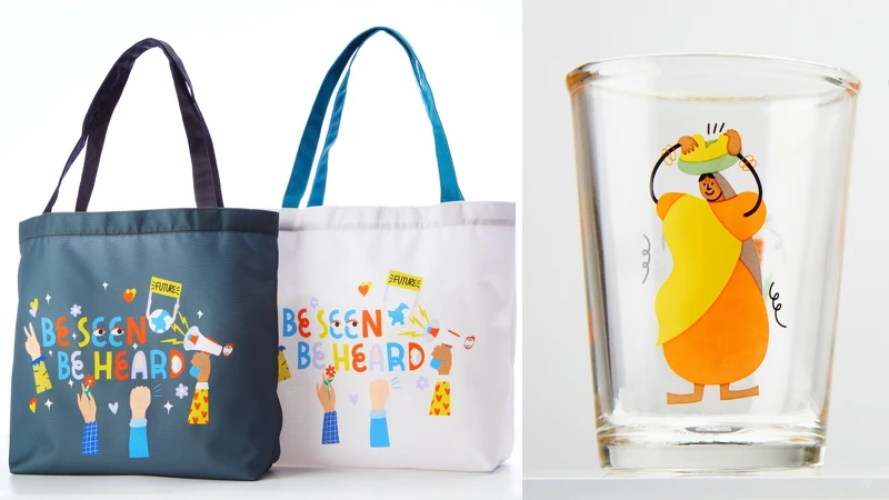 THE BODY SHOP利用回收空瓶重新設計成托特包。小托特包上以為新世代發聲的「Be Seen. Be Heard.」字母為主角,搭配代表溫柔、堅定和力量的手勢。由「春池玻璃」利用回收玻璃再製的製成玻璃酒杯,則用拼貼方式傳遞循環的環保意識。 THE BODY SHOP利用回收空瓶重新設計成托特包。小托特包上以為新世代發聲的「Be Seen. Be Heard.」字母為主角,搭配代表溫柔、堅定和力量的手勢。由「春池玻璃」利用回收玻璃再製的製成玻璃酒杯,則用拼貼方式傳遞循環的環保意識。