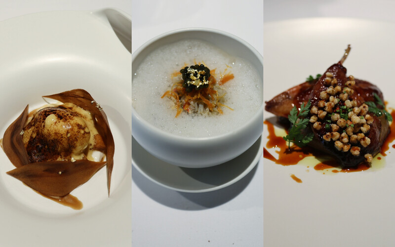 使用甜柿、蟹肉、鵪鶉表現秋冬馥郁濃厚的滋味。 使用甜柿、蟹肉、鵪鶉表現秋冬馥郁濃厚的滋味。