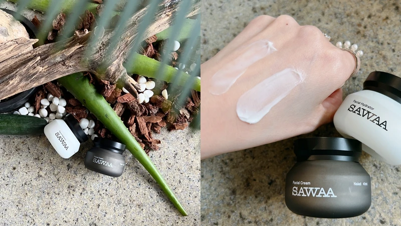 SAWAA蘊潤緊顏肌活修護霜、極光淡斑導白霜實品與質地。 SAWAA蘊潤緊顏肌活修護霜、極光淡斑導白霜實品與質地。