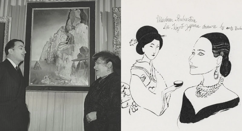 達利與赫蓮娜夫人(左)；安迪沃荷畫下赫蓮娜夫人的插畫