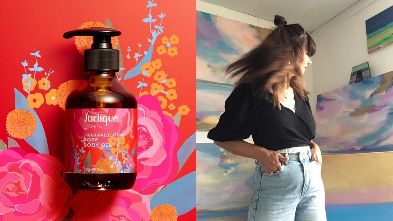 Jurlique茱莉蔻跨界聯名自然系藝術精靈Tiffany Lynch，推出2023玫瑰按摩油奢華限定版。