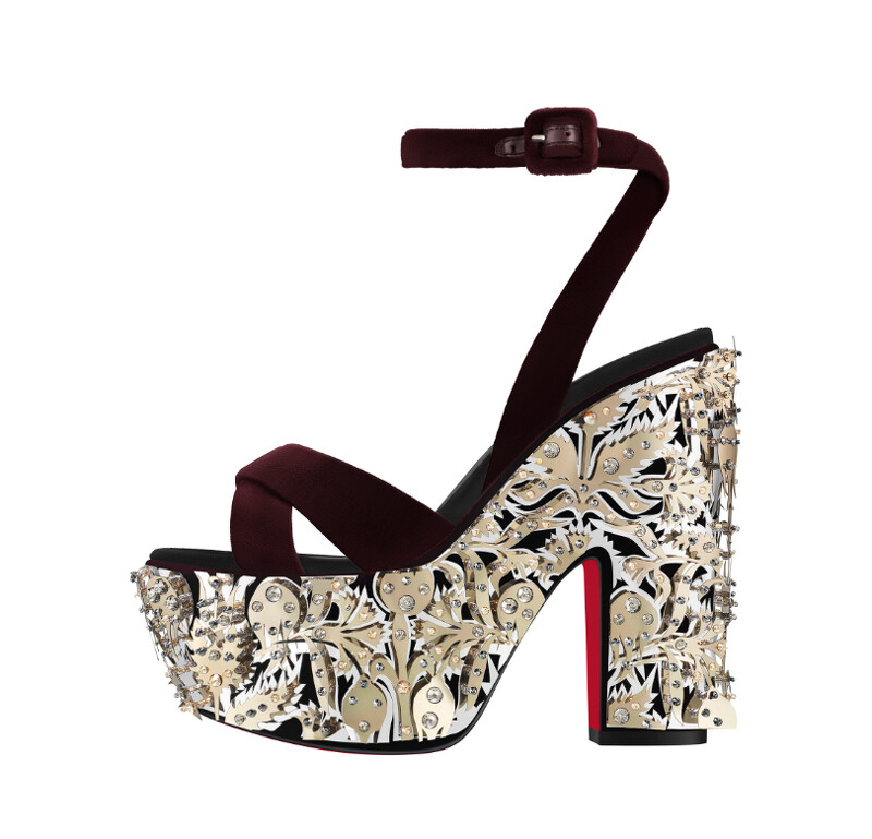 Superyaz 酒紅色絨面金屬鏤空裝飾繫帶厚底涼鞋,NT303,300。 Superyaz 酒紅色絨面金屬鏤空裝飾繫帶厚底涼鞋,NT303,300。