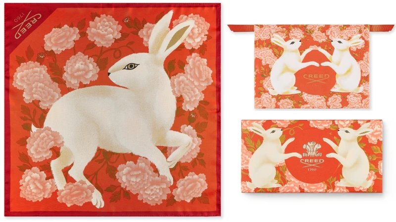 CREED白兔手工真絲方巾、鴻兔大展束口袋、鴻兔大展紅包袋。