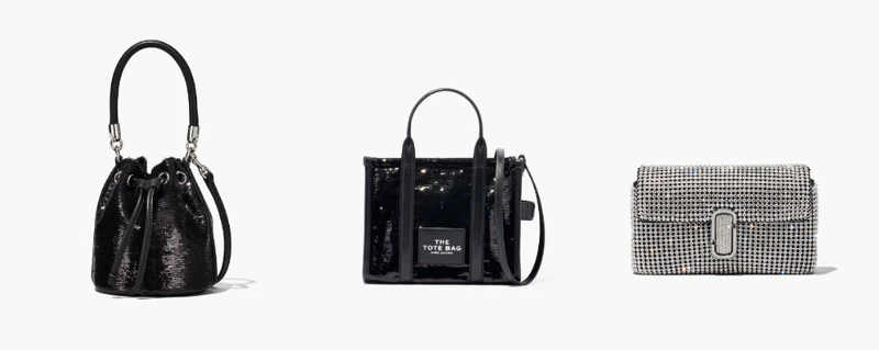 (左)曜石黑亮片刺繡The Bucket水桶包(迷你) NTD 13,900，(中)曜石黑亮片刺繡The Tote Bag托特包(迷你) NTD 13,900，(右)水晶鑲嵌The J Marc 肩揹包 NTD 21,900。