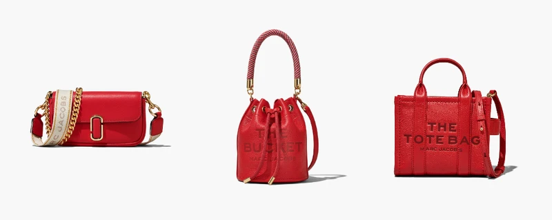(左)開運紅The J Marc 肩揹包(小) NTD 13,900，(中)開運紅牛皮The Bucket水桶包(小) NTD 18,900，(右)開運紅The Tote Bag托特包(迷你) NTD 16,900。