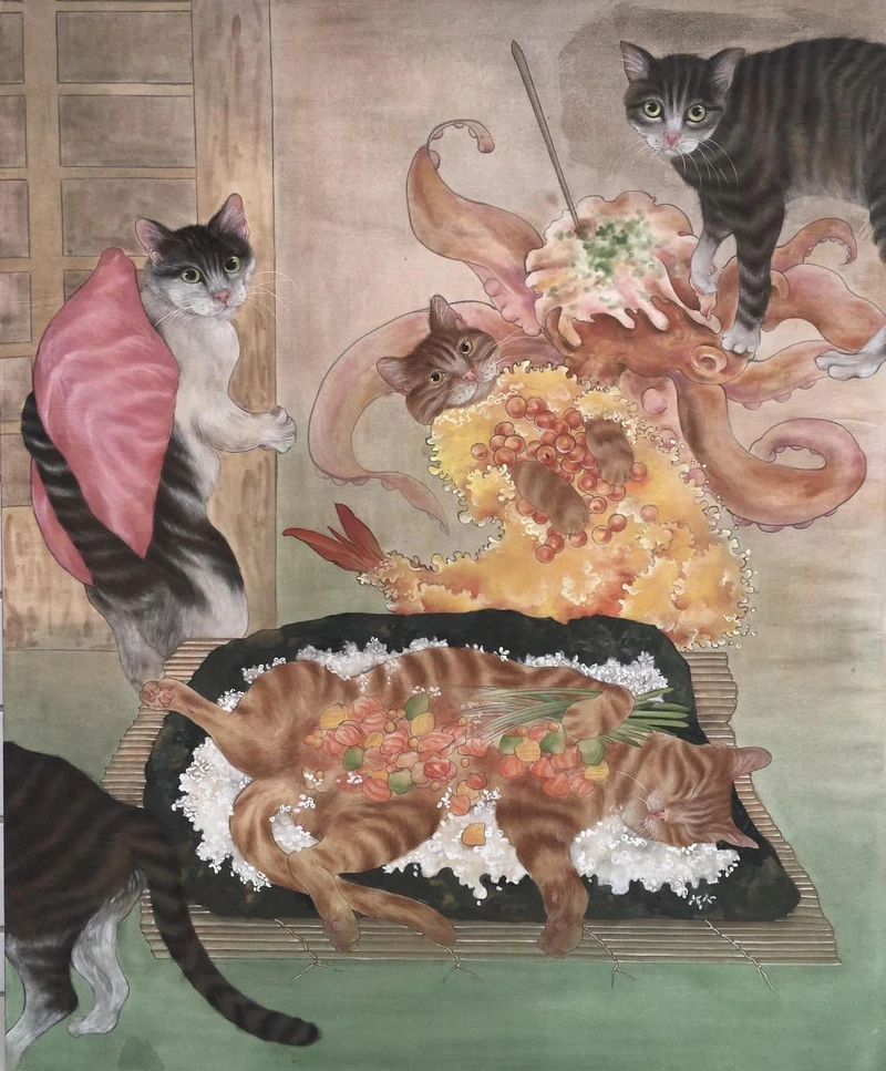 觴宇藝術陳玟儒《懷石貓疊圖》膠彩絹本，89×73cm，2020年。