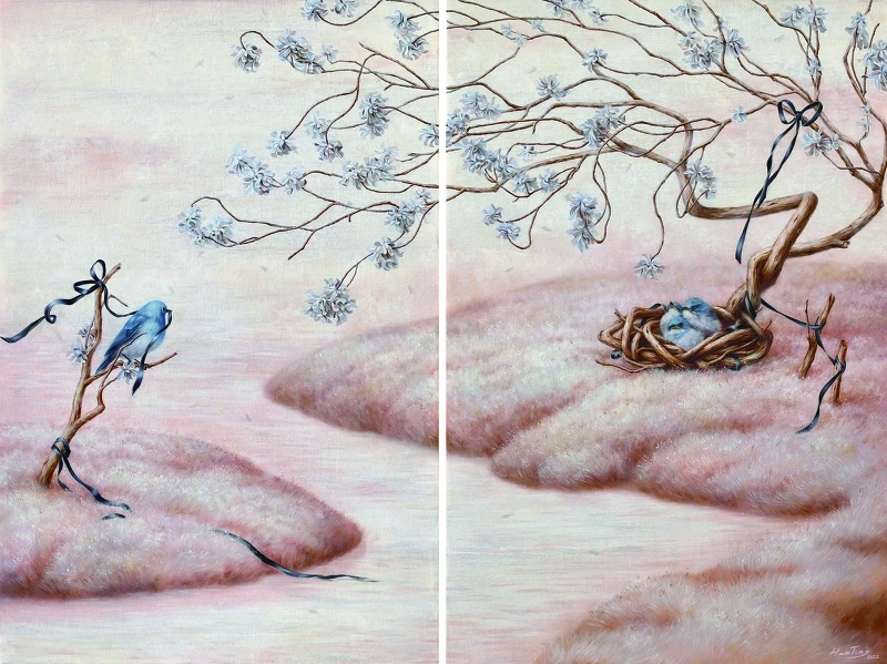 傳承藝術中心蔡函庭《木的守護‧6：這裡，等你》油畫，80×106cm，2022年。