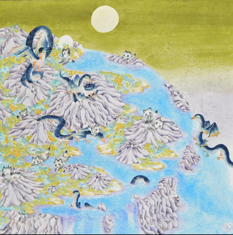 99°藝術中心宮敬婷《天狗與酸與》膠彩顏料，78×78cm，2021年。