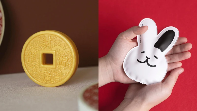 （左）誠品生活南西1/6-1/15「大春煉皂」銅幣／（右）誠品生活南西1/6-1/15「曾頭設計」精美大禮盒中的黑耳白兔造型冷熱敷袋。