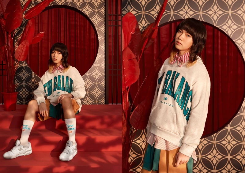 持修鞋款：靜謐灰BBW550BB、服裝：ATHLETICS系列棉質連帽上衣