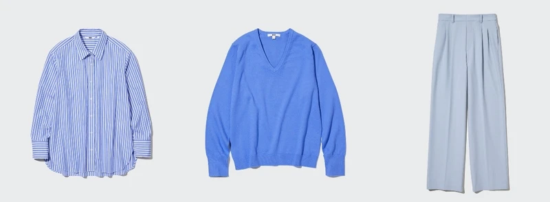 女裝:458261 棉質條紋襯衫NT$990、454762可機洗棉質V領針織衫 NT$990 、456116打褶寬褲NT$1,290。 女裝:458261 棉質條紋襯衫NT$990、454762可機洗棉質V領針織衫 NT$990 、456116打褶寬褲NT$1,290。