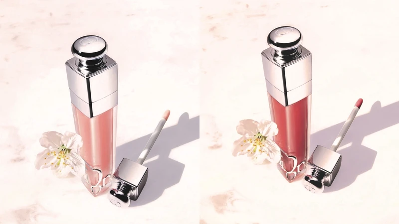 DIOR迪奧豐漾俏唇蜜(左)#001 Pink嬰兒粉、(右)#038 Rose Nude玫瑰裸情境圖。 DIOR迪奧豐漾俏唇蜜(左)#001 Pink嬰兒粉、(右)#038 Rose Nude玫瑰裸情境圖。