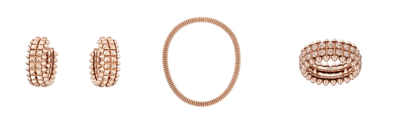 Clash de Cartier 玫瑰金雙排設計耳環、.鋪鑲項鍊、鋪鑲戒指，充滿靈動魅力。