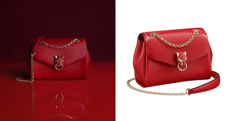 Panthere Graphique迷你款紅色鍊帶包，融合皮件與珠寶工藝美學。