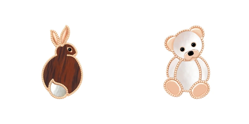 Lucky Animals Rabbit胸針( 玫瑰金、珍珠母貝、縞瑪瑙、黑曜石)、Lucky Animals Teddy Bear胸針(玫瑰金、白色珍珠母貝與縞瑪瑙)。