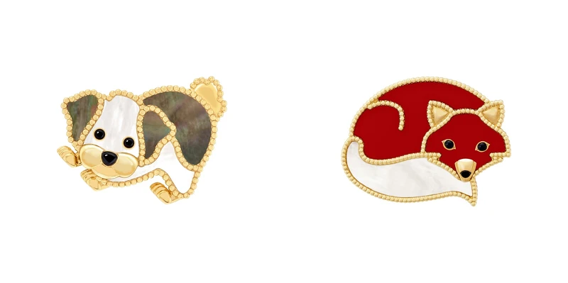 Lucky Animals Bichon Frisé胸針(黃K金、灰色珍珠母貝、白色珍珠母貝與縞瑪瑙)、Lucky Animals Fox 胸針(黃K金、紅玉髓、白色珍珠母貝與縞瑪瑙)。