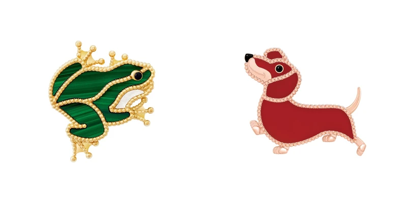 Lucky Animals Frog胸針(黃K金、孔雀石、白色珍珠母與縞瑪瑙)、Lucky Animals Dachshund胸針(玫瑰金、紅玉髓與縞瑪瑙)。