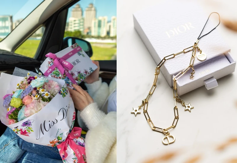 DIOR線上旗艦店情人節贈禮包裝與滿額花束禮。右圖為官網單筆3000元滿額禮-迪奧燦金幸運星手機鍊 DIOR線上旗艦店情人節贈禮包裝與滿額花束禮。右圖為官網單筆3000元滿額禮-迪奧燦金幸運星手機鍊