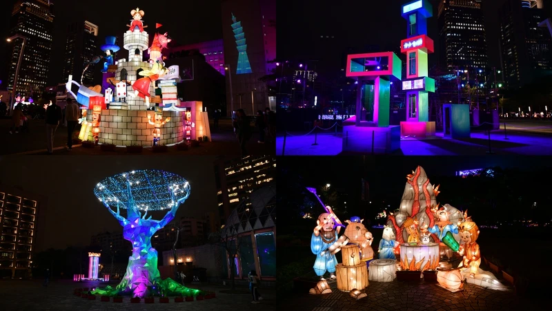 中央展區作品：愛麗絲夢遊仙境、永續之樹、躍動未來、西遊記