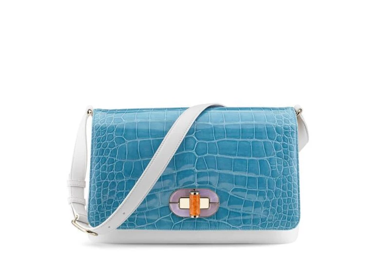寶格麗ICONA天藍色亮面鱷魚皮拼接白色掌壓小牛皮肩背包