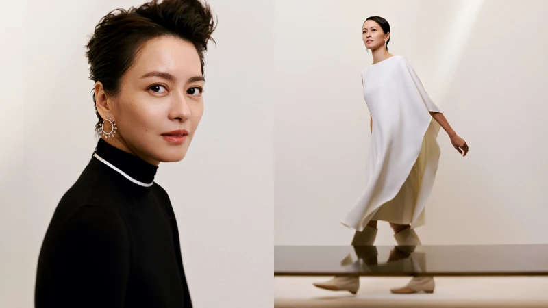 左／黑色高領長洋裝、黑色褲襪長靴BALENCIAGA 太陽圈型耳環、密鑲頸鍊meteor double finger ring、雷地恩永恆鑽戒 SHEE’S FINE JEWELRY；右／白色洋裝、平底麂皮長筒靴HERMES 流蘇梨形鑽耳環、雷地恩永恆鑽戒SHEE’S FINE JEWELRY