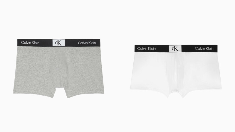 Calvin Klein 1996 灰色平口內褲,NT1,280、Calvin Klein 1996 白色超細纖維低腰內褲,NT1,480。 Calvin Klein 1996 灰色平口內褲,NT1,280、Calvin Klein 1996 白色超細纖維低腰內褲,NT1,480。