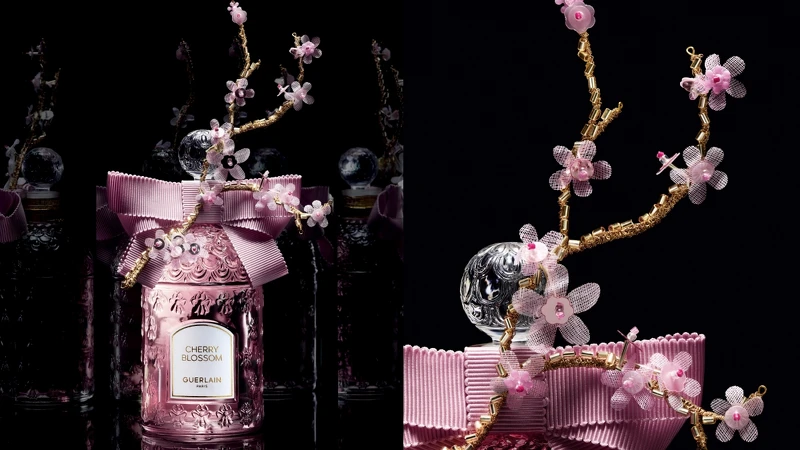 嬌蘭花冠粉櫻淡香水金絲飾繡蜂印瓶視覺。 嬌蘭花冠粉櫻淡香水金絲飾繡蜂印瓶視覺。