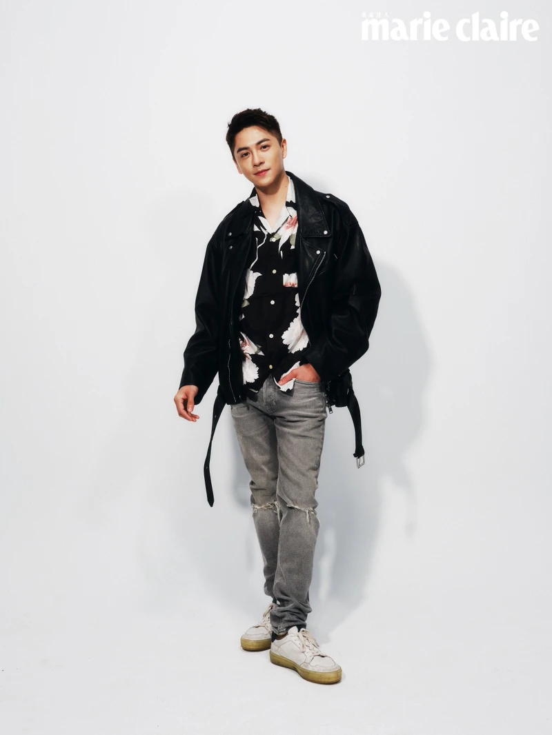 騎士皮衣、花卉襯衫、破壞牛仔褲、仿舊休閒鞋，all by ALLSaints。