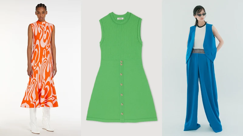 MaxMara 針織幾何印花洋裝，推薦價NT 46,800、SANDRO 金鈕釦造型針織洋裝，推薦價NT9,590、UUIN寶藍套裝洒落背心，推薦價NT7,880 + UUIN寶藍套裝洒落寬褲，推薦價NT7,680。