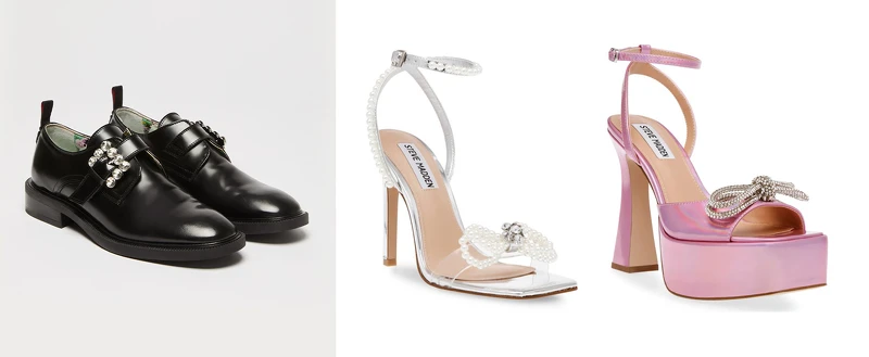 MAX&Co.水鑽飾釦牛津鞋，推薦價NT12,900、STEVE MADDEN水鑽珍珠繞踝高跟鞋，原價NT3,680 特價NT3,312。
