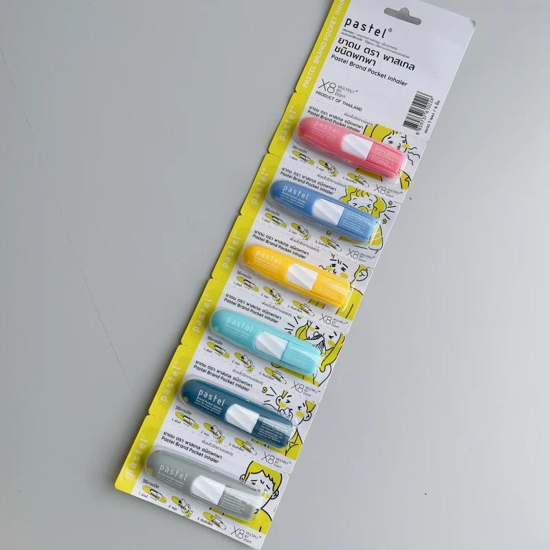 Pastel筆型薄荷棒，一整排六入都是不同顏色。