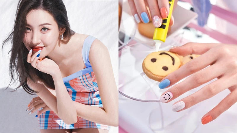 EDGEU凝膠美甲貼(左)#428 JOYFUL CHECK、(右)#426 YUMMY COOKIES。