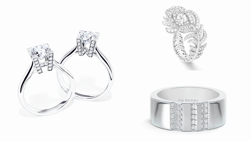 海瑞溫斯頓HW Logo系列極細微密釘鑲嵌底座鑽石戒指 (左)、Boucheron孔雀羽毛系列戒指 (右上)、全新De Beers RVL 18K白金鑽石戒指 (右下)。 海瑞溫斯頓HW Logo系列極細微密釘鑲嵌底座鑽石戒指 (左)、Boucheron孔雀羽毛系列戒指 (右上)、全新De Beers RVL 18K白金鑽石戒指 (右下)。