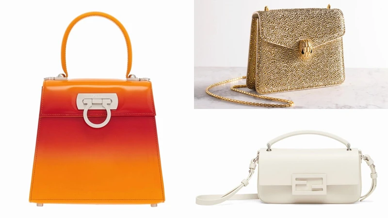 FERRAGAMO夕陽漸層皮革Top Handle手提包 (左)、BVLGARI SERPENTI FOREVER水晶星塵麂皮肩背包 (右上)、FENDI Mini Baguette (右下)。 FERRAGAMO夕陽漸層皮革Top Handle手提包 (左)、BVLGARI SERPENTI FOREVER水晶星塵麂皮肩背包 (右上)、FENDI Mini Baguette (右下)。