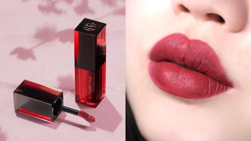 植村秀無色限持色霧唇釉PK386倒影櫻與唇部試色(IG@boring.66授權)。