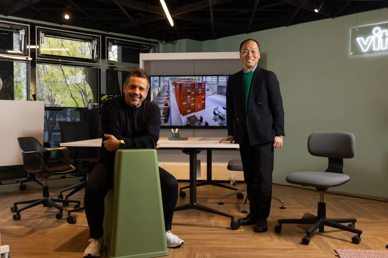 Vitra全球辦公調查研究趨勢長Raphael Gielgen(左)與亞太區總裁Ryo Kataigi(右)。 Vitra全球辦公調查研究趨勢長Raphael Gielgen(左)與亞太區總裁Ryo Kataigi(右)。