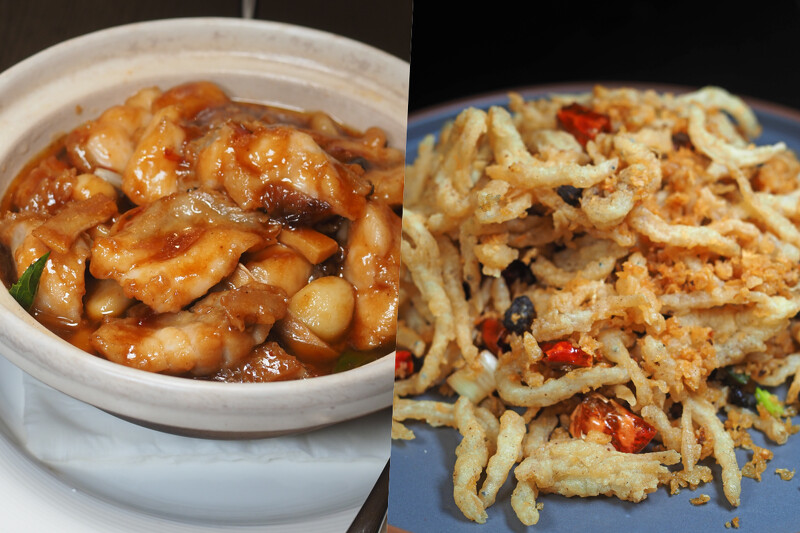 左為「三杯龍膽石斑」，右為「避風塘銀魚」。