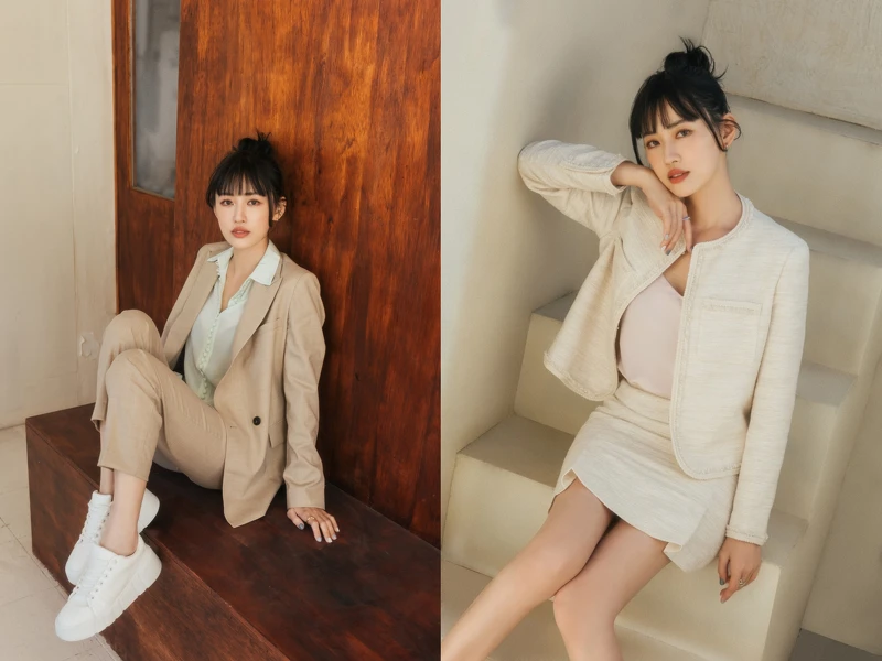 (左)韓國線修身西裝外套 NTD 18,900, 韓國線修身西裝長褲 NTD 11,900, 包布釦絲質襯衫 NTD 8,900；(右)韓國線混織毛呢外套 NTD 18,900, 韓國線混織毛呢短裙 NTD 11,900, 質感緞面細帶上衣 NTD 3,900