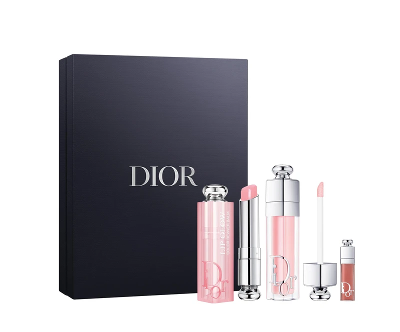 迪奧粉漾潤唇組：豐漾俏唇蜜#001+癮誘粉漾潤唇膏#001+豐漾俏唇蜜精巧版#038，NT$2,700。