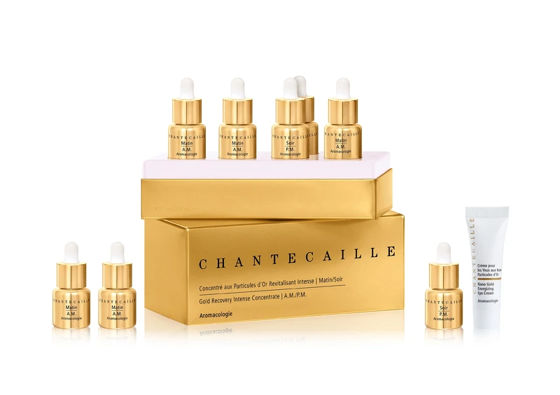 【金緻速效日夜精華組】內容包含：極緻純金賦活日夜安瓶、極緻純金賦活眼霜 3ml。