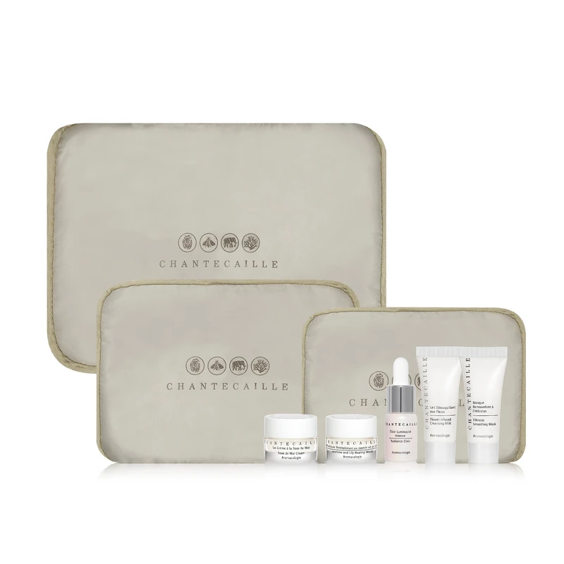 【花妍晶亮六件組】內容包含：花妍全效卸妝乳 8ml、花妍保濕修護面膜 5ml、五月玫瑰花妍乳霜 5ml、花妍煥采活膚面膜 8ml、喚顏粉晶萃4ml、 香緹卡旅行收納包，價值NT$3,459。**特惠組不列入NT$16,000滿額贈計算。