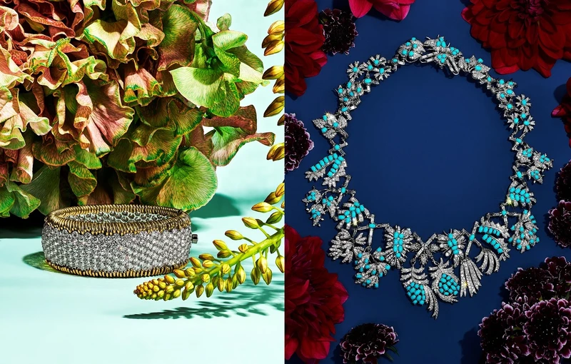 （左）Tiffany & Co. Schlumberger鉑金與18K金鑲嵌總重逾41.3克拉鑽石手環、（右）Tiffany & Co. Schlumberger Trellis鉑金鑲嵌綠松石與鑽石項鍊