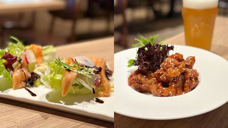 義式蘿美鮭魚沙拉、震大東泉招牌炸雞 義式蘿美鮭魚沙拉、震大東泉招牌炸雞