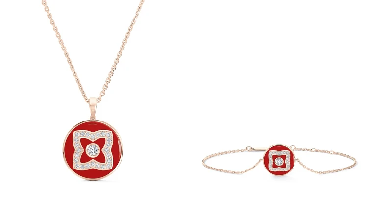 Enchanted Lotus 18K玫瑰金與紅色琺瑯鑽石圓牌項鍊,NT80,000、Enchanted Lotus 18K玫瑰金與紅色琺瑯鑽石圓牌手鍊,NT77,000。 Enchanted Lotus 18K玫瑰金與紅色琺瑯鑽石圓牌項鍊,NT80,000、Enchanted Lotus 18K玫瑰金與紅色琺瑯鑽石圓牌手鍊,NT77,000。