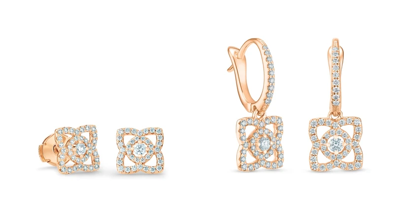 Enchanted Lotus 18K玫瑰金鑽石耳釘,NT87,000、Enchanted Lotus 18K玫瑰金鑽石垂墜式耳環,NT104,000 Enchanted Lotus 18K玫瑰金鑽石耳釘,NT87,000、Enchanted Lotus 18K玫瑰金鑽石垂墜式耳環,NT104,000