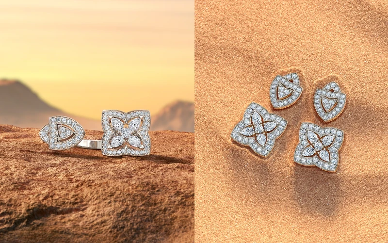 Enchanted Lotus 18K白金開放式鑽石戒指,NT 595,000、Enchanted Lotus 18K白金鑽石垂墜式耳環,NT 895,000。 Enchanted Lotus 18K白金開放式鑽石戒指,NT 595,000、Enchanted Lotus 18K白金鑽石垂墜式耳環,NT 895,000。