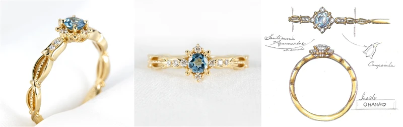 K.UNO以花語為「感謝」的風鈴草為顧客訂製獨一無二的母親節珠寶，以黃K金、海藍寶石、鑽石打造。