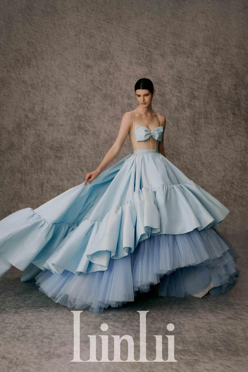 天藍塔夫塔綢荷葉禮服